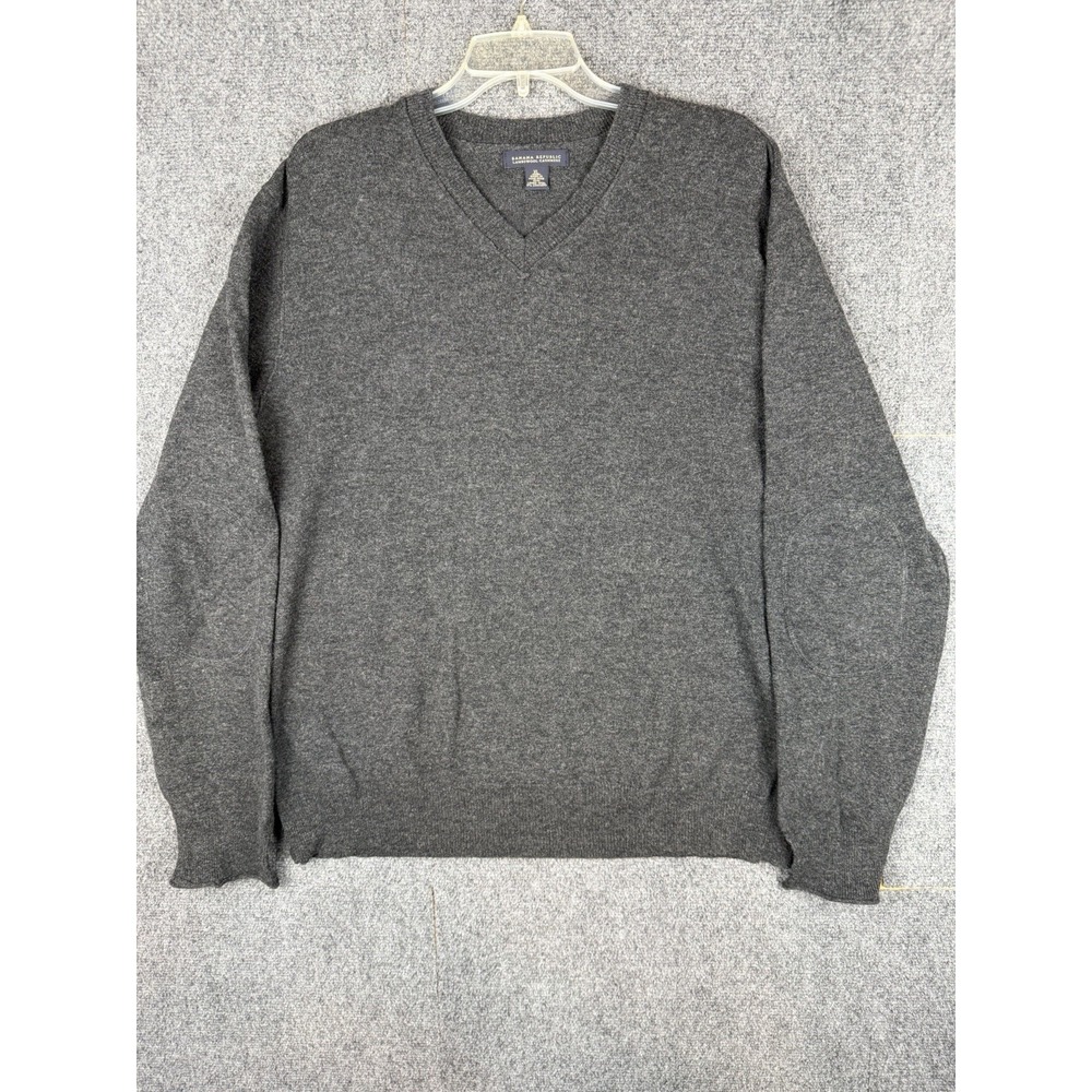 Banana Republic Lambswool Cashmere V-Neck Sweater Mens XL Gray Elbow Patch
